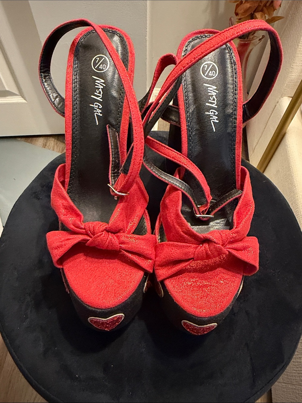 Nasty Gal Red Bow Platform Slingback Sandals 5” no box